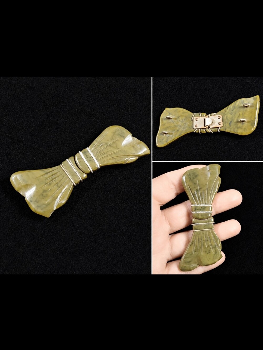 VINTAGE 40s/ 50s TESTED BAKELITE HUGE BOW BELT BUCKLE CARVED OLIVE GREEN RARE